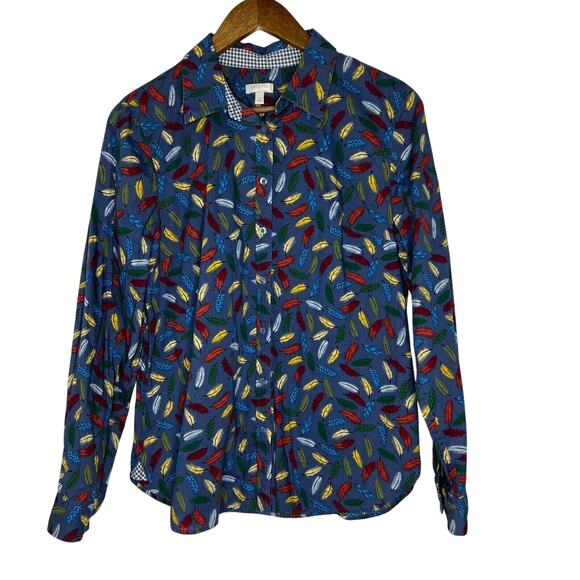 Talbots Blue Feather Print Button Down Top M Vibrant Pattern Preppy Women's - Picture 1 of 7